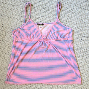 Vintage Sz L Cami Top Pink and Blue Striped Lace Bow Spaghetti Strap Tank Shirt